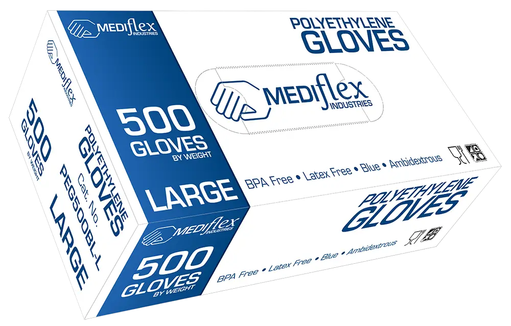 Mediflex large box of 500 blue polyethylene gloves BPA free latex free and ambidextrous